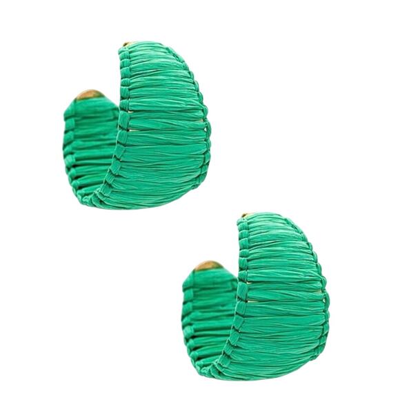 Shashi Designer Naija Raffia Wrapped Green Gold Plated Hoop Earrings - Picture 2 of 8